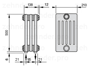 Схема (чертеж) Радиатор Zehnder Charleston 6050/3 №5310 Белый глянцевый RAL 9016
